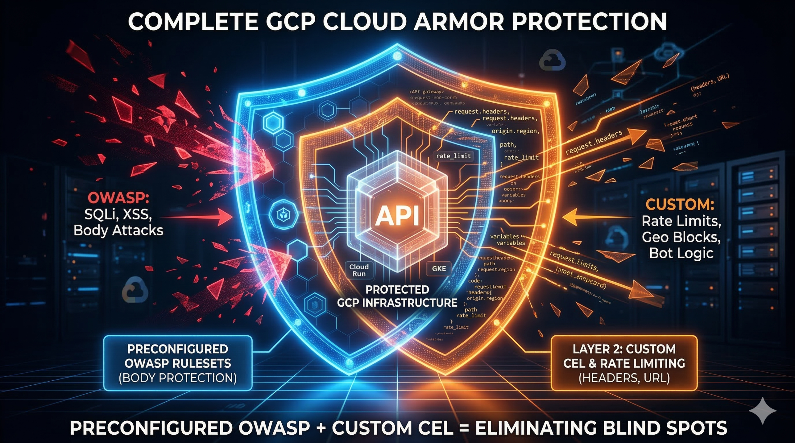 A glowing digital shield divided into two interlocking halves. The left blue half represents preconfigured OWASP body protection, while the right orange half represents custom CEL header and URL validation, illustrating complete Cloud Armor protection.