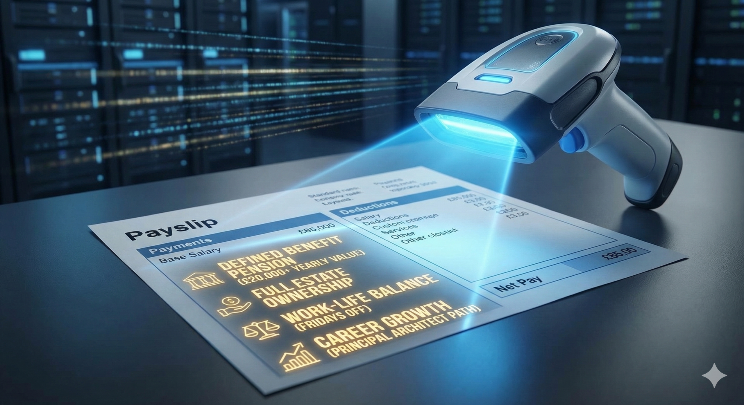 A futuristic handheld scanner shining a blue light beam onto a standard salary payslip in a data center setting. The scanner reveals glowing golden text overlaid on the paper, highlighting hidden compensation benefits including Defined Benefit Pension, Full Estate Ownership, Work Life Balance, and Career Growth alongside a base salary of 85,000 pounds.