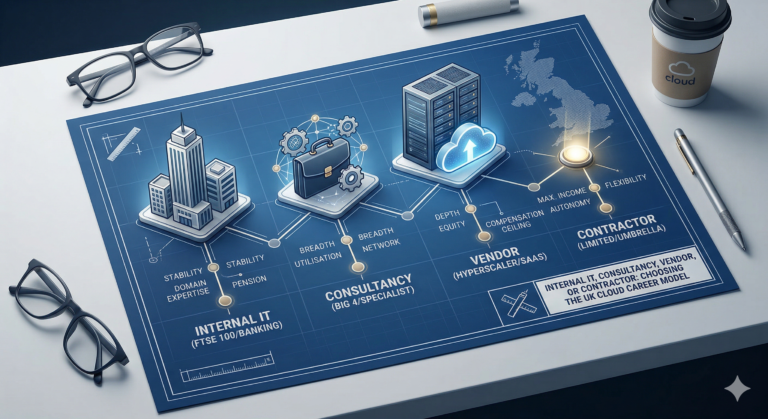 A modern, strategic 3D render of an architectural blueprint on a desk, titled "Choosing the UK Cloud Career Model That Actually Fits." Four clear paths diverge to stylized nodes labeled Internal IT (FTSE 100/Banking), Consultancy (Big 4/Specialist), Vendor (Hyperscaler/SaaS), and Contractor (Limited/Umbrella), each highlighted with key priorities like stability, breadth, depth, and flexibility.