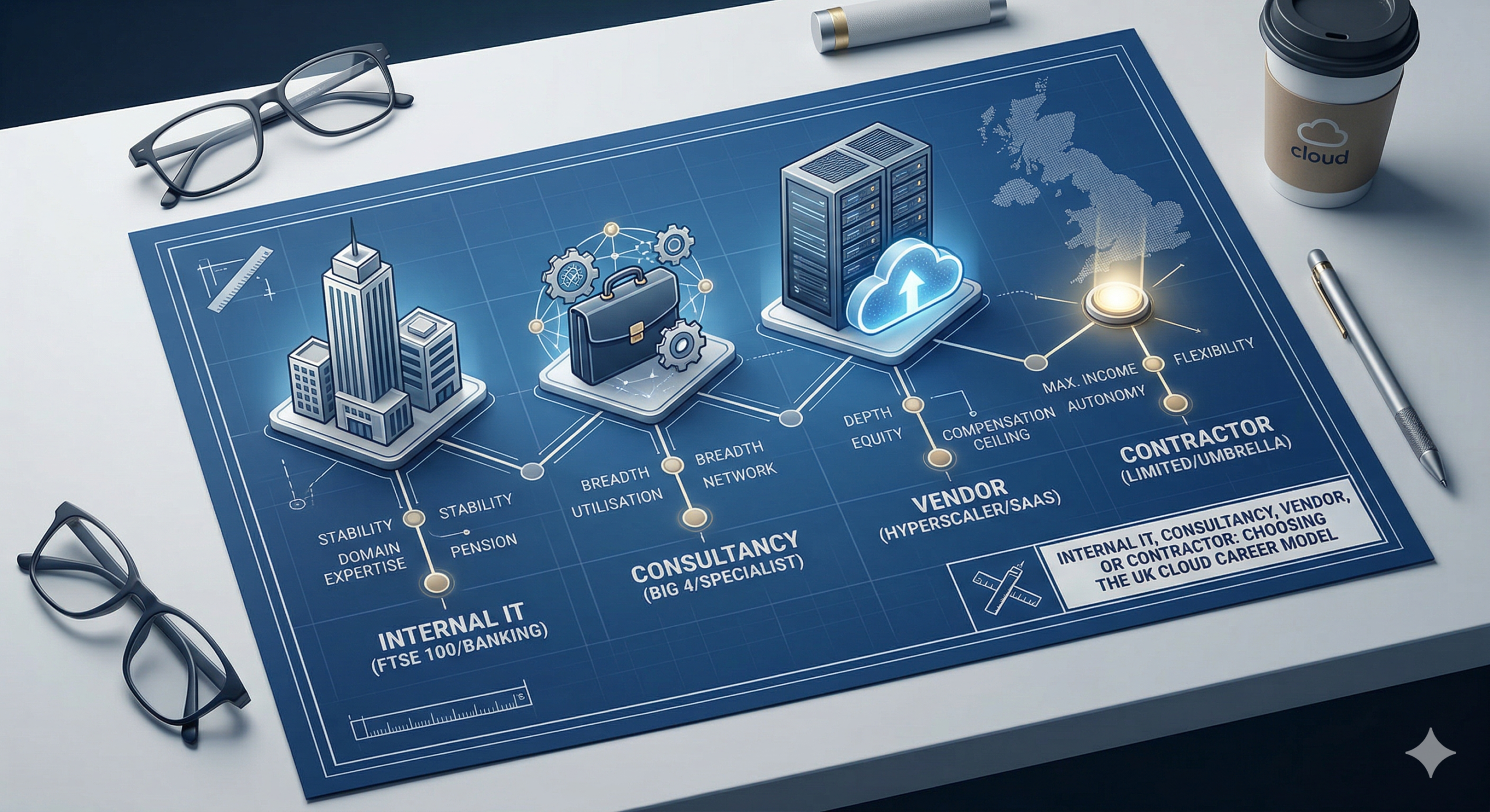 A modern, strategic 3D render of an architectural blueprint on a desk, titled "Choosing the UK Cloud Career Model That Actually Fits." Four clear paths diverge to stylized nodes labeled Internal IT (FTSE 100/Banking), Consultancy (Big 4/Specialist), Vendor (Hyperscaler/SaaS), and Contractor (Limited/Umbrella), each highlighted with key priorities like stability, breadth, depth, and flexibility.
