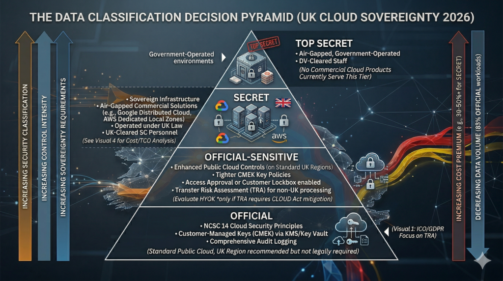A clean, corporate technical infographic titled 'VISUAL 5: THE DATA CLASSIFICATION DECISION PYRAMID (UK CLOUD SOVEREIGNTY 2026)', featuring a segmented pyramid diagram against a dark technical background with glowing data nodes and light trails matching the feature image aesthetic. The pyramid is segmented into four distinct vertical tiers: Tier 1 (Base): OFFICIAL (Standard public cloud, NCSC principles, CMEK, 85% of workloads), Tier 2: OFFICIAL-SENSITIVE (Enhanced public cloud controls, tighter CMEK, Access Approval, TRA required), Tier 3: SECRET (Sovereign Infrastructure, Air-gapped solutions like GCP Distributed Cloud or AWS Dedicated Local Zones, operated under UK law with SC personnel, 30-50%+ cost premium), and Tier 4 (Apex): TOP SECRET (Air-gapped, government-operated, DV staff, no commercial products). Vertical indicators summarize increasing requirements/control/classification on the left, and increasing cost/decreasing volume on the right. Data flows indicate increasing segmentation and control across tiers. All elements are integrated into the geometric mesh network style.