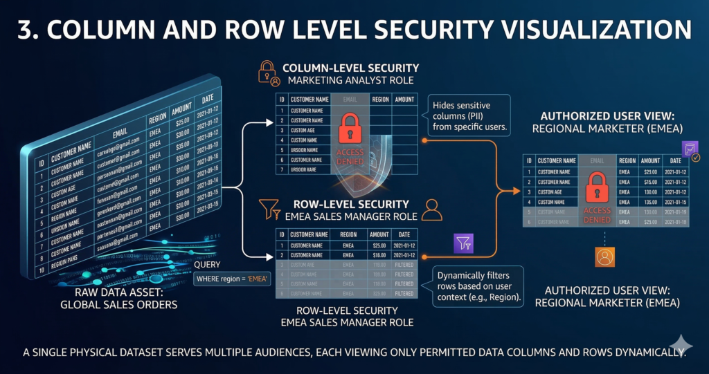 A technical diagram visualizing AWS Lake Formation column-level security and row filters, showing a Marketing Analyst view obscuring PII email data and an EMEA Sales Manager view dynamically filtering only EMEA regional order data from a shared global sales table.