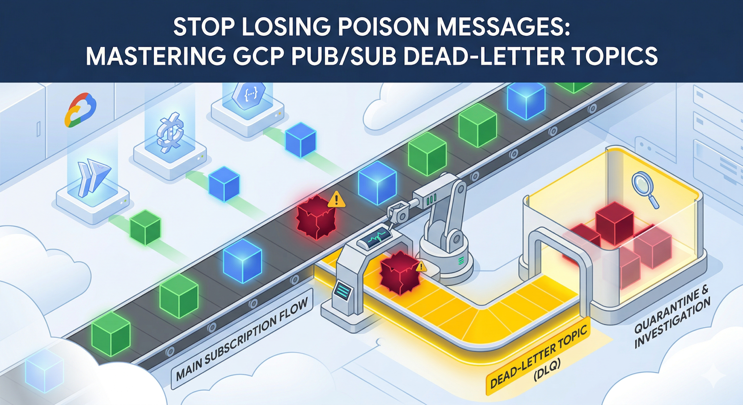 A colorful isometric engineering diagram titled "STOP LOSING POISON MESSAGES: MASTERING GCP PUB/SUB DEAD-LETTER TOPICS." It shows a main data pipeline (blue cubes) and a "MAIN SUBSCRIPTION FLOW." A robot arm on a separate yellow track ("DEAD-LETTER TOPIC (DLQ)") has safely diverted jagged, red "poison message" cubes into a secure, labeled structure called "QUARANTINE & INVESTIGATION," visually contrasting successful processing against isolated failures.