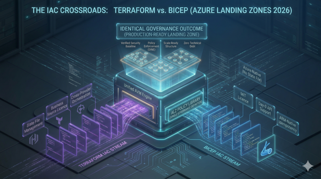 Conceptual graphic showing Terraform and Bicep infrastructure as code streams converging into a unified Azure Verified Modules engine to deploy identical governance outcomes.