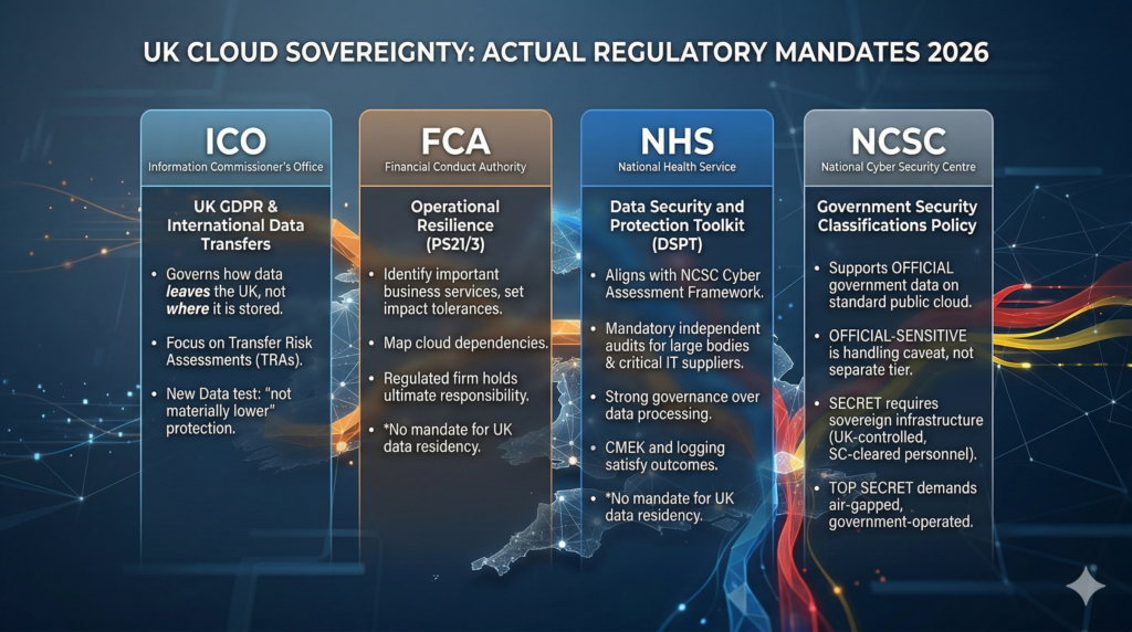 professional corporate infographic diagram, building upon the geometric network style of the feature image, titled "UK CLOUD SOVEREIGNTY: ACTUAL REGULATORY MANDATES 2026." Four distinct vertical pillars or columns summarize specific UK regulatory mandates: 'ICO' (UK GDPR & International Data Transfers, focusing on Transfer Risk Assessments), 'FCA' (Operational Resilience PS21/3, highlighting firm responsibility without mandating UK data residency), 'NHS' (Data Security and Protection Toolkit (DSPT), emphasizing alignment with NCSC Cyber Assessment Framework and strong governance), and 'NCSC' (Government Security Classifications Policy, supporting OFFICIAL data on standard public cloud and clarifying requirements for SECRET and TOP SECRET).