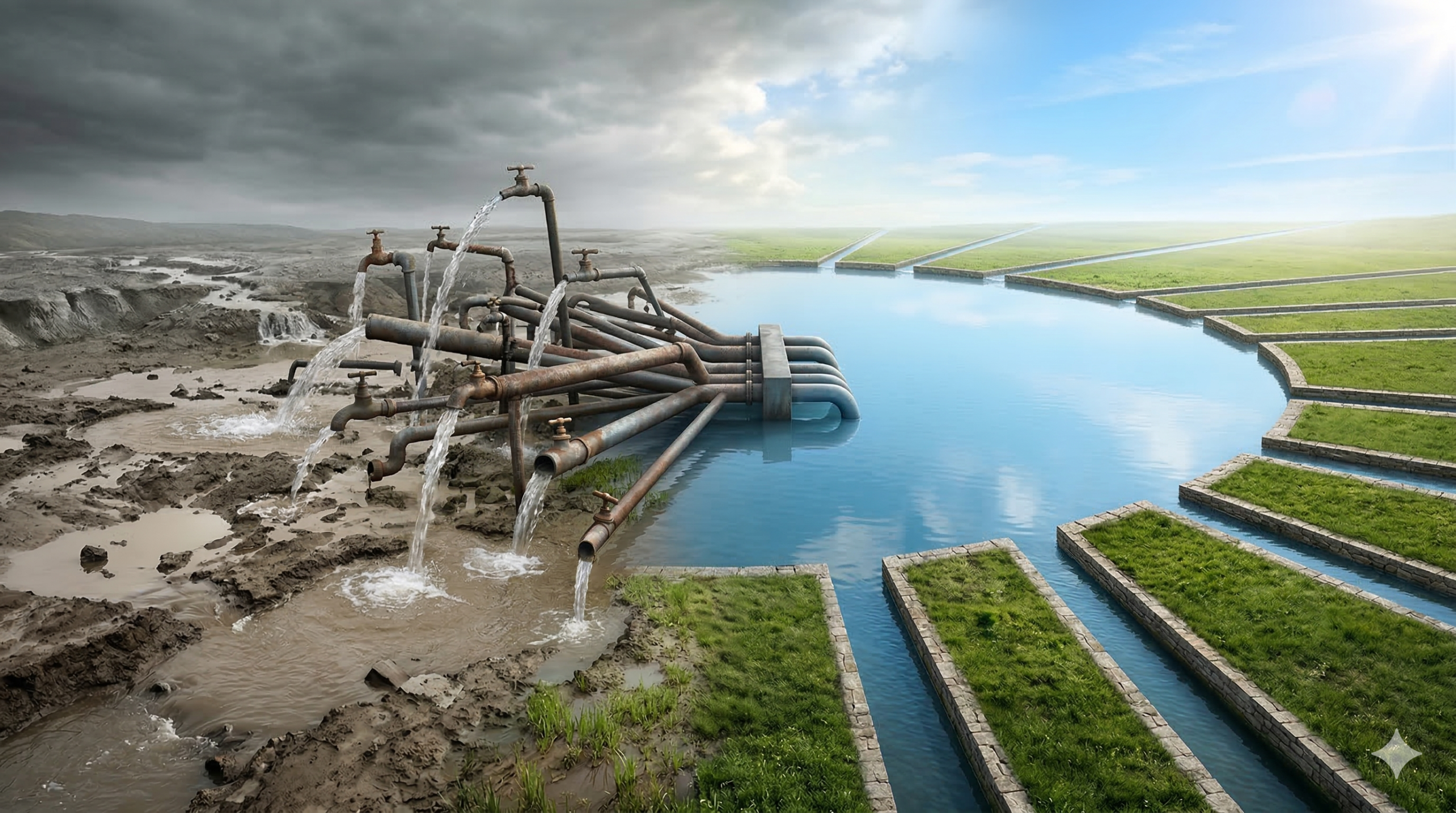 AWS Lake Formation enterprise data governance - chaotic uncontrolled data pipes converging into a single governed lake with structured irrigation channels, illustrating how Lake Formation replaces IAM policy sprawl with centralised access control