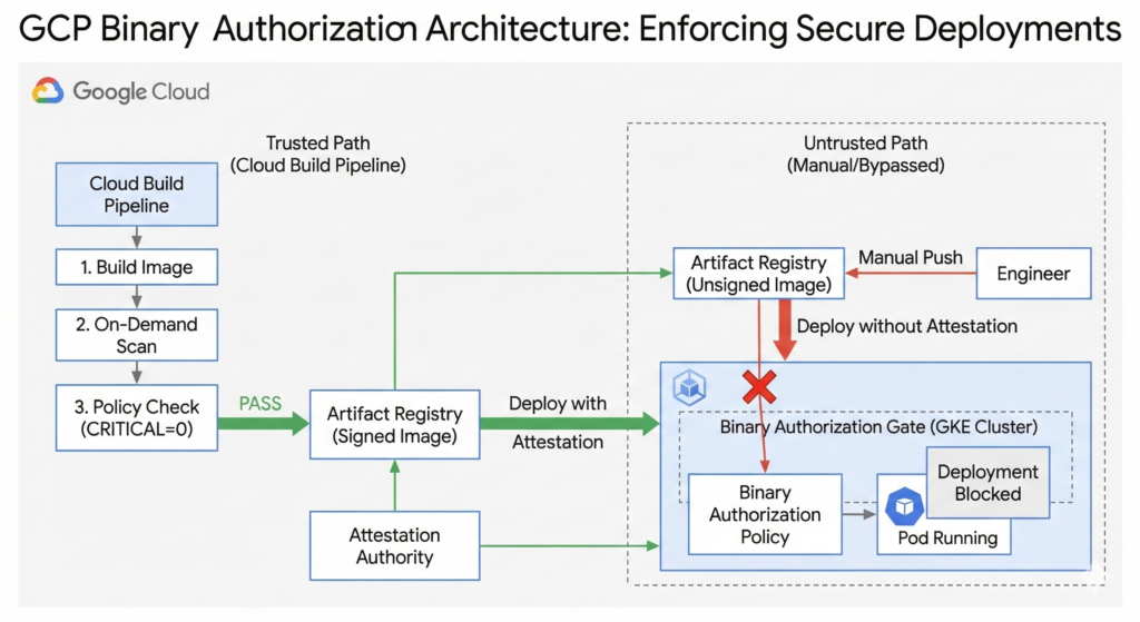 An architectural diagram showing Google Cloud Binary Authorization enforcing secure deployments. It contrasts a trusted Cloud Build pipeline that creates a signed image and allows Kubernetes deployment, against an untrusted manual push that is blocked by the Binary Authorization gate because it lacks an attestation.