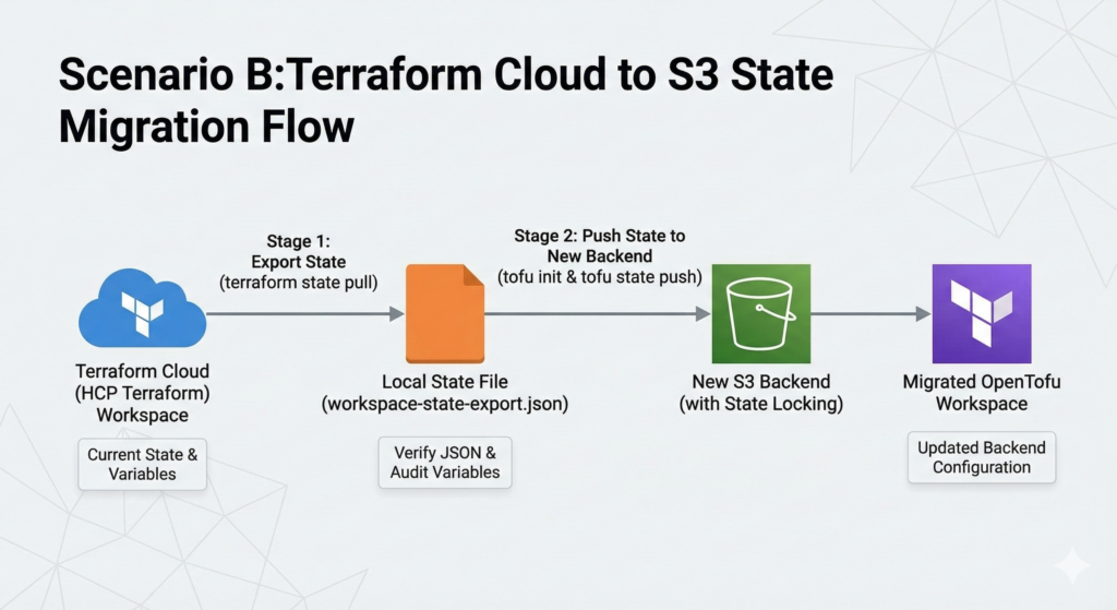 A process diagram showing the two stage state migration flow from Terraform Cloud to a new S3 Backend. It illustrates the export to a local JSON file and the subsequent push to the newly migrated OpenTofu workspace.