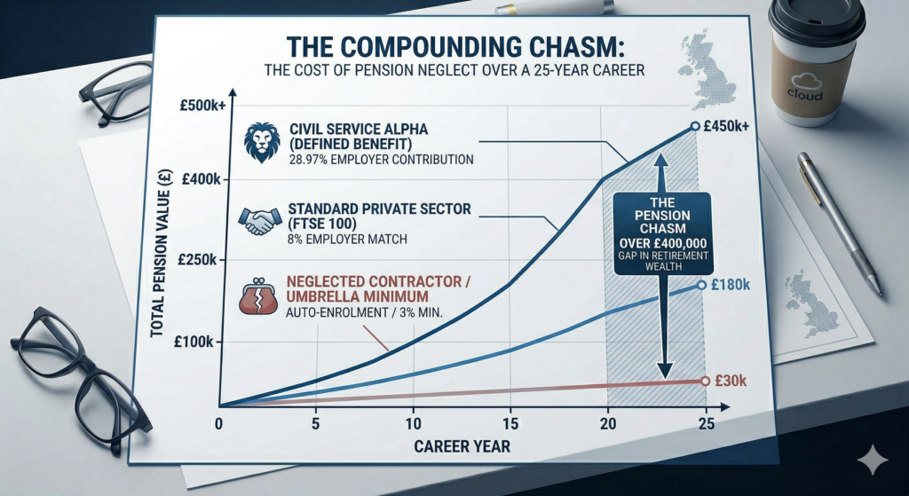 A minimalist line graph showing three pension value trajectories over 25 years: Civil Service Alpha (28.97% contribution), Standard Private Sector (8% match), and Neglected Contractor/Zero Contribution. A dramatic divergence, labelled as the "Pension Chasm," illustrates over £400,000 in wealth gap by year 20, highlighting the compounding cost of neglecting long-term provision.