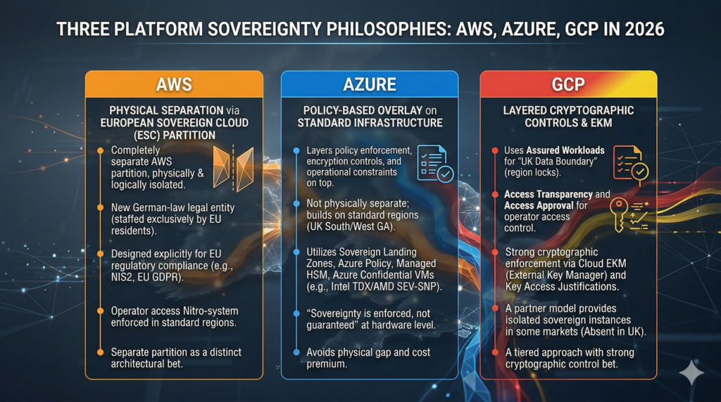 A clean, professional corporate infographic diagram, building on the geometric data nodes and flowing light trails aesthetic of the feature image, illustrating 'THREE PLATFORM SOVEREIGNTY PHILOSOPHIES: AWS, AZURE, GCP IN 2026'. Three distinct, vertical columns summarize each platform's architectural bet: 'AWS' (Physical Separation via European Sovereign Cloud (ESC) partition, a separate EU-staffed entity designed for EU compliance), 'AZURE' (Policy-Based Overlay on standard infrastructure using Sovereign Landing Zones and Confidential Computing, enforced but not guaranteed at the hardware level), and 'GCP' (Layered Cryptographic Controls & EKM via Assured Workloads "UK Data Boundary" and Key Access Justifications, missing a UK-specific sovereign partner).