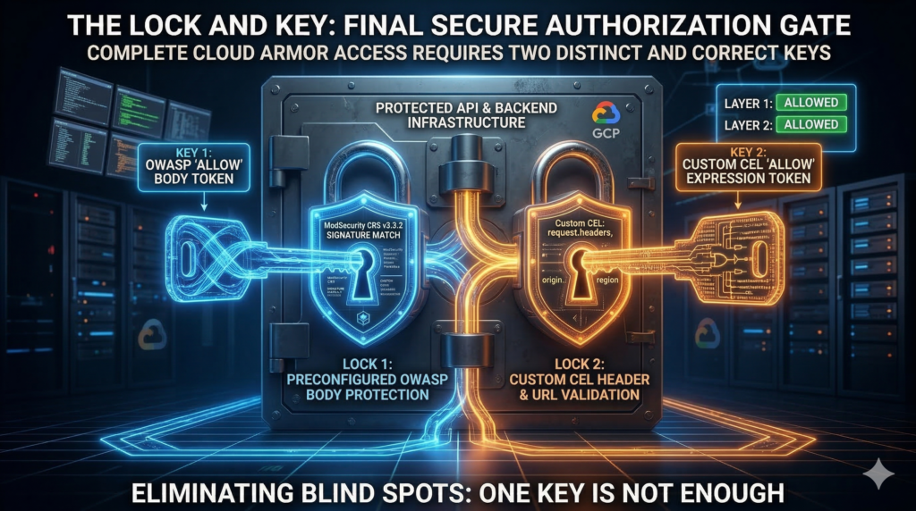 A futuristic secure vault labeled Protected API. It features two glowing keyholes requiring simultaneous keys to unlock. One blue key represents OWASP body validation and one orange key represents custom CEL header validation.