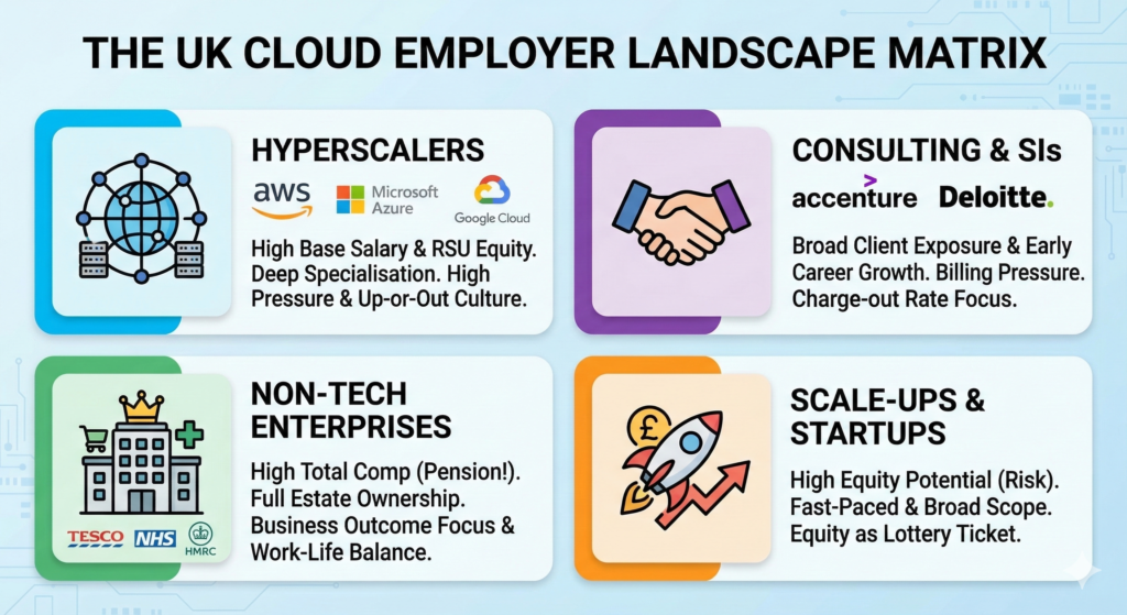 A four quadrant grid outlining the UK cloud employer landscape. It compares Hyperscalers, Consulting and Systems Integrators, Non tech Enterprises, and Scale ups and Startups, listing key traits like base salary, equity potential, and business outcome focus for each.