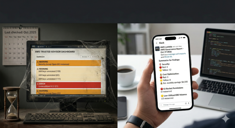 A conceptual photograph split vertically. The left side shows a dusty, cobweb-covered CRT monitor from 2025 displaying a cluttered and ignored AWS Trusted Advisor dashboard filled with warning alerts. An hourglass sits next to it. The right side is a clean, modern desk in 2026, showing a hand holding a modern smartphone. The phone screen displays a crisp, clean Slack Block Kit notification from AWS Lambda, providing a concise weekly governance report with color-coded summaries and cost optimization figures, matching the style of the automated solution described in the post. A laptop showing neat Python code is in the blurred background.