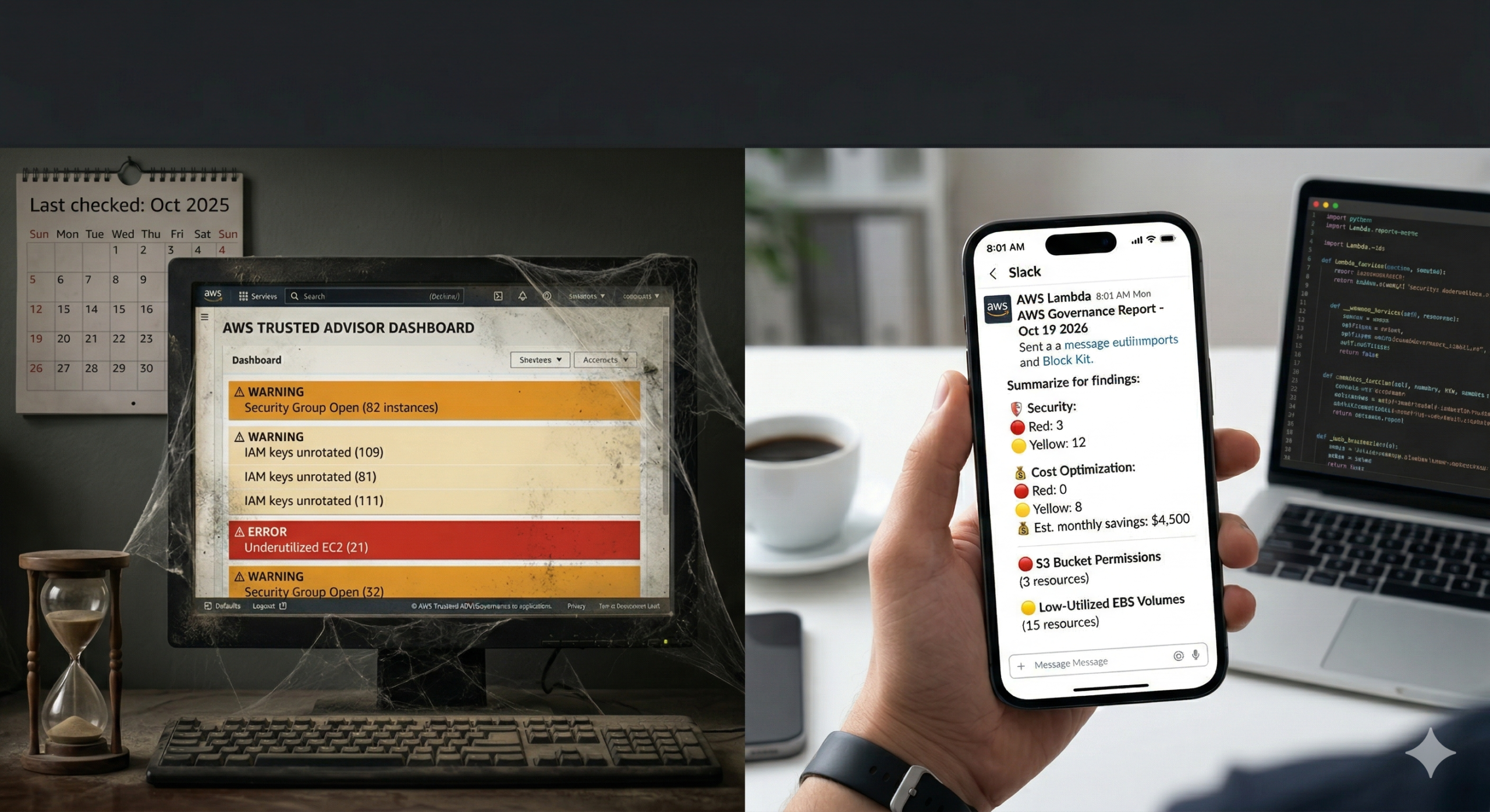 A conceptual photograph split vertically. The left side shows a dusty, cobweb-covered CRT monitor from 2025 displaying a cluttered and ignored AWS Trusted Advisor dashboard filled with warning alerts. An hourglass sits next to it. The right side is a clean, modern desk in 2026, showing a hand holding a modern smartphone. The phone screen displays a crisp, clean Slack Block Kit notification from AWS Lambda, providing a concise weekly governance report with color-coded summaries and cost optimization figures, matching the style of the automated solution described in the post. A laptop showing neat Python code is in the blurred background.