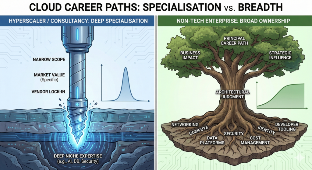 A split screen graphic contrasting two cloud career paths. The left side depicts deep specialisation as a drill boring deep into the earth, while the right side illustrates broad enterprise ownership as a large oak tree with an extensive root system covering networking, compute, security, and cost management.