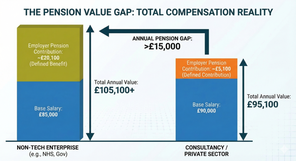 A side by side bar chart demonstrating the pension value gap. It shows a non tech enterprise role with an 85,000 pound base salary and a massive 20,100 pound employer pension contribution, compared to a private sector consultancy role with a 90,000 pound base but only a 5,100 pound pension contribution.