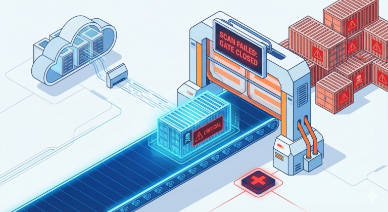 Isometric illustration of a CI/CD security gate: a shipping container labelled Critical travels along a conveyor belt from a cloud server toward an automated scanner, whose display reads Scan Failed: Gate Closed, blocking it from joining a stack of flagged containers beyond.