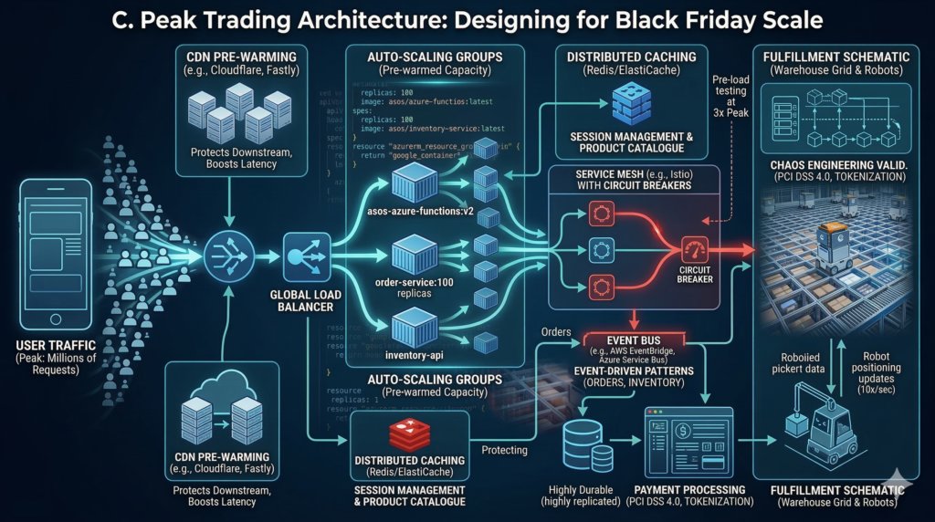 Architecture diagram titled Peak Trading Architecture: Designing for Black Friday Scale. User traffic representing millions of requests flows through CDN pre-warming via Cloudflare and Fastly into a global load balancer. Two auto-scaling groups with pre-warmed Kubernetes capacity handle asos-azure-functions and an order service running at 100 replicas alongside an inventory API. Distributed caching via Redis and ElastiCache manages session data and the product catalogue. A service mesh with Istio and circuit breakers protects downstream services from cascade failures. An event bus using AWS EventBridge or Azure Service Bus processes orders and inventory events into a highly replicated payment processing layer with PCI DSS 4.0 tokenisation. The right panel shows a warehouse fulfilment schematic with robots receiving positioning updates ten times per second. A note indicates load testing is conducted at three times expected peak. Chaos engineering validation covers PCI DSS 4.0 compliance and tokenisation. Dark blue background with cyan data flow lines and red circuit breaker alert indicators.