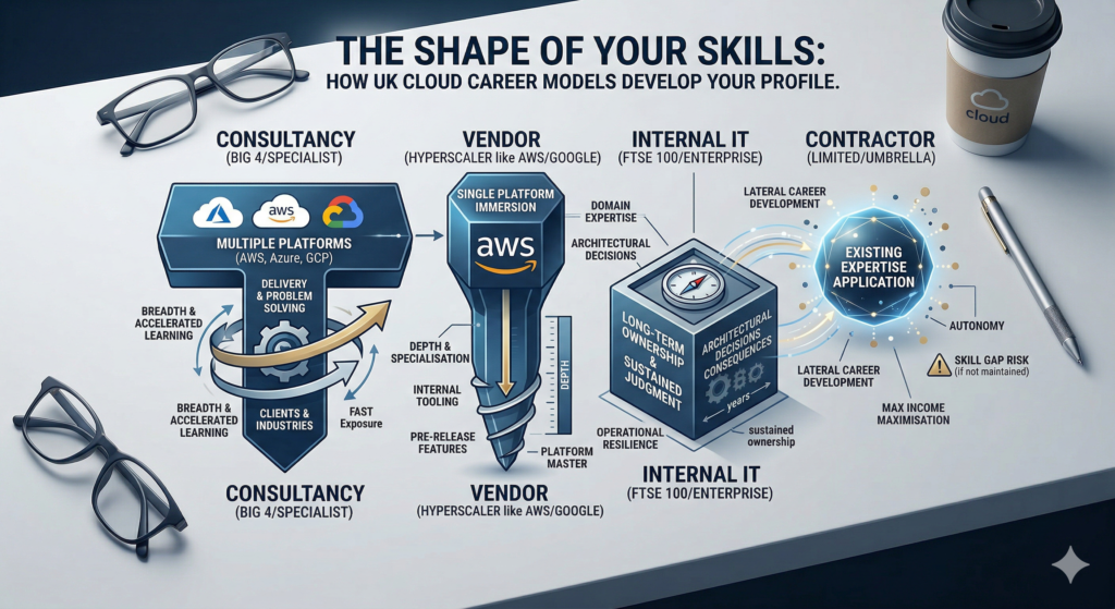An illustrative guide that defines skill profiles via distinct geometric shapes for each career model: Wide and shallow for Consultancy breadth, Deep and single-platform for Vendor specialization, a Solid foundational square of domain expertise for Internal IT, and a Floating node with radiating particles for a Contractor’s lateral skill application.