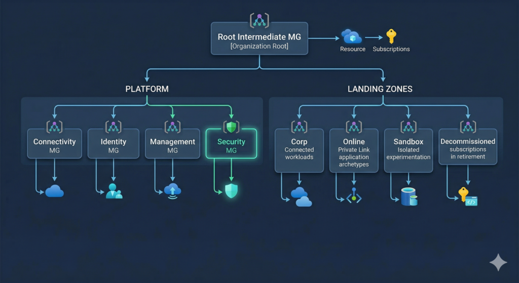 Diagram showing the 2026 Azure Landing Zone management group hierarchy highlighting the new Security management group under the Platform branch alongside Connectivity Identity and Management.