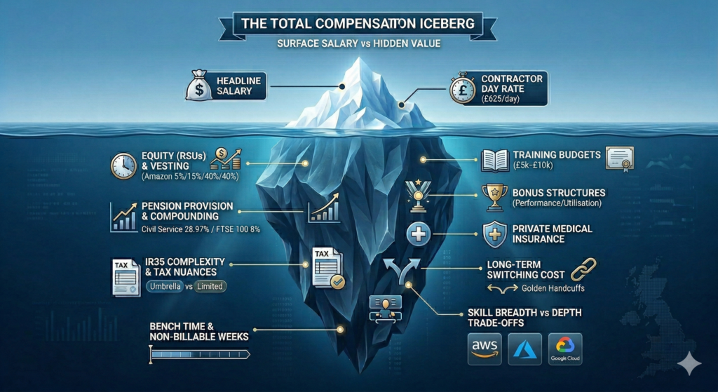 Detailed infographic of a compensation iceberg showing headline Salary and Contractor Day Rate (£625/day) above the waterline. Below the waterline, the massive hidden elements are detailed: RSUs and Vesting (including an Amazon 5%/15%/40%/40% grant example), Pension Provision & Compounding, IR35 Complexity, Bench Time & Non-Billable Weeks, and Long-Term Switching Costs, effectively visualizing the false equivalences in cloud hiring.