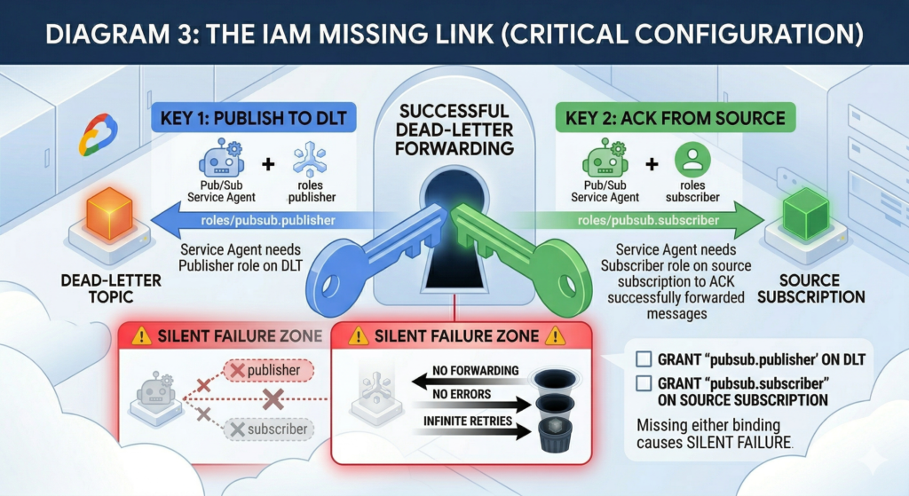 A dense infographic titled "DIAGRAM 3: THE IAM MISSING LINK (CRITICAL CONFIGURATION)." A central gateway labeled "SUCCESSFUL DEAD-LETTER FORWARDING" can only be unlocked by two massive, interlocking keys, which must both be present. Key 1 (Blue): Labeled "KEY 1: PUBLISH TO DLT," showing the Pub/Sub Service Agent + 'roles/pubsub.publisher' roles, with an arrow connecting to a Dead-Letter Topic icon. Key 2 (Green): Labeled "KEY 2: ACK FROM SOURCE," showing the Pub/Sub Service Agent + 'roles/pubsub.subscriber' roles, with an arrow connecting to a Source Subscription icon. A large red warning box below diagrams the "SILENT FAILURE ZONE," showing what happens with missing permissions: "NO FORWARDING, NO ERRORS, INFINITE RETRIES." A checklist shows two required action items with empty checkboxes: "GRANT 'pubsub.publisher' ON DLT" and "GRANT 'pubsub.subscriber' ON SOURCE SUBSCRIPTION." Final text confirms: "Missing either binding causes SILENT FAILURE."