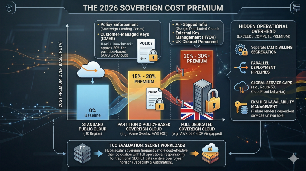 A detailed corporate infographic diagram titled 'VISUAL 4: THE 2026 SOVEREIGN COST PREMIUM', set against a dark technical background with geometric grids and data streams matching the feature image's aesthetic. A central bar chart shows increasing Cost Premium Over Baseline (%), categorized into Standard Public Cloud (0% Baseline), Partition & Policy-Based Sovereign Cloud (15% - 20% Premium, e.g., Azure Overlay, AWS ESC), and Full Dedicated Sovereign Cloud (20% - 30%+ Premium, e.g., AWS DLZ, GCP Air-gapped). Callouts detail the associated technical requirements. To the right, a panel details Hidden Operational Overhead (separate IAM, parallel pipelines, global service gaps, and EKM HA management). Below, a TCO evaluation highlights that sovereign cloud is frequently more cost-effective than colocation for SECRET workloads over a 5-year horizon. Data flows from the feature image are integrated to visually represent restrictions and compliance.
