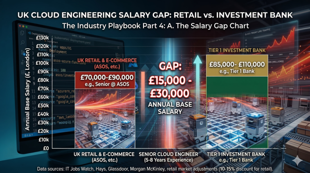 Bar chart comparing annual base salaries for a senior cloud engineer with five to eight years of experience in London. UK retail and e-commerce, using ASOS as the example, shows a range of £70,000 to £90,000. A Tier 1 investment bank shows £85,000 to £110,000. A central arrow highlights the gap of £15,000 to £30,000 in annual base salary. Data sourced from IT Jobs Watch, Hays, Glassdoor, and Morgan McKinley with a 10-15% retail market adjustment applied.