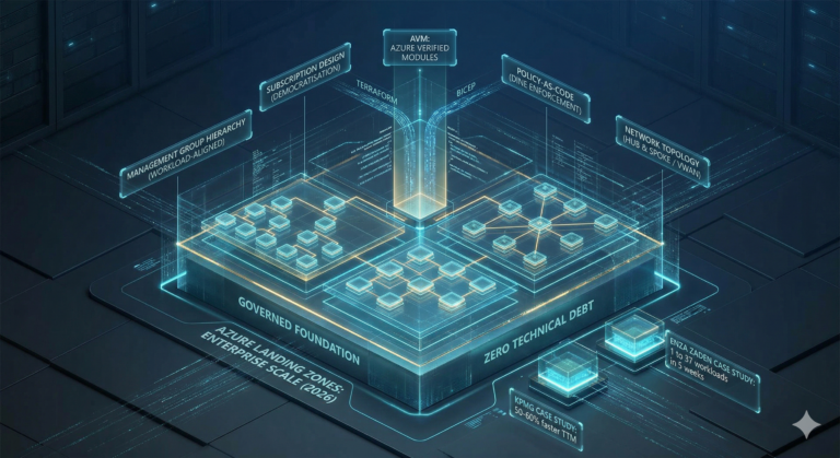 Isometric 3D blueprint of a governed Azure Landing Zone enterprise architecture showing Terraform and Bicep feeding into Azure Verified Modules.