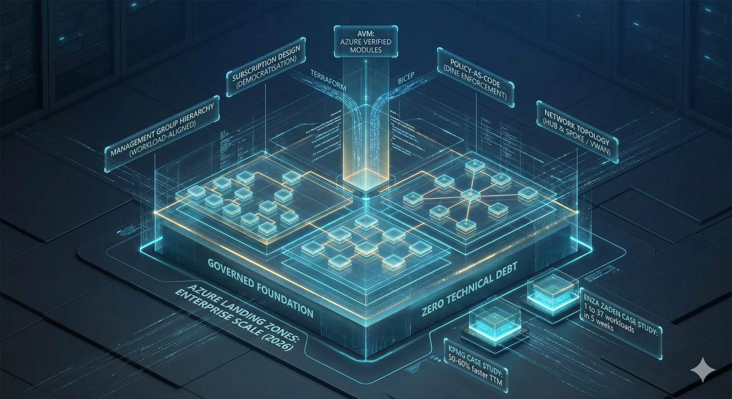 Isometric 3D blueprint of a governed Azure Landing Zone enterprise architecture showing Terraform and Bicep feeding into Azure Verified Modules.
