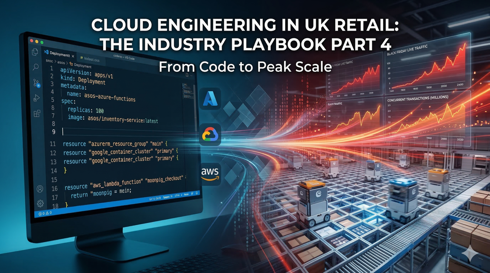 Cloud engineering in UK retail and e-commerce, Industry Playbook Part 4. A coding interface on the left shows Kubernetes deployment YAML and Terraform resource blocks referencing asos-azure-functions and Moonpig Lambda functions, with Azure, Google Cloud, and AWS logos visible. Data streams flow right into a warehouse robot grid with Ocado-style autonomous pickers. Two dashboard panels show Black Friday live traffic spikes and concurrent transactions in the millions.