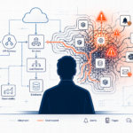 Cloud engineer facing a complex architecture diagram where structured systems transition into chaotic alerts and overload, representing burnout as a system design problem