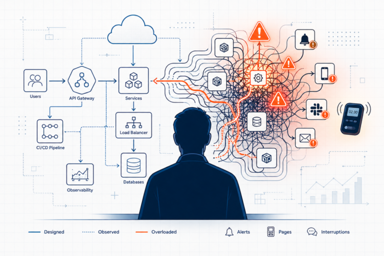Cloud engineer facing a complex architecture diagram where structured systems transition into chaotic alerts and overload, representing burnout as a system design problem