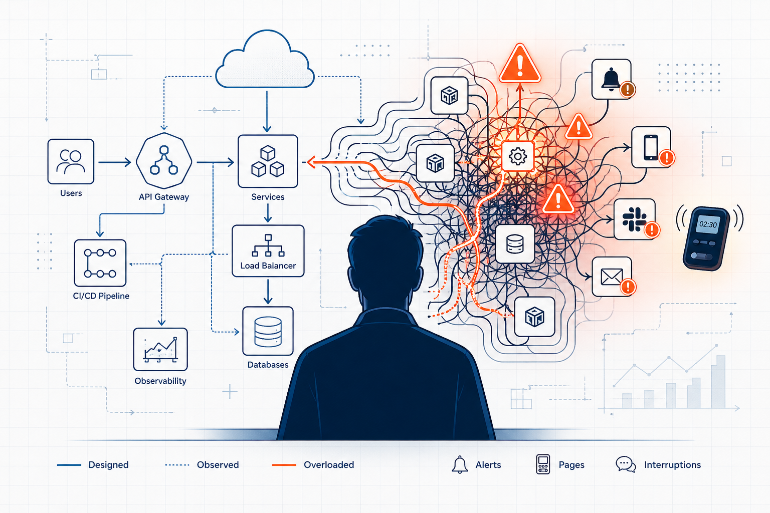 Cloud engineer facing a complex architecture diagram where structured systems transition into chaotic alerts and overload, representing burnout as a system design problem