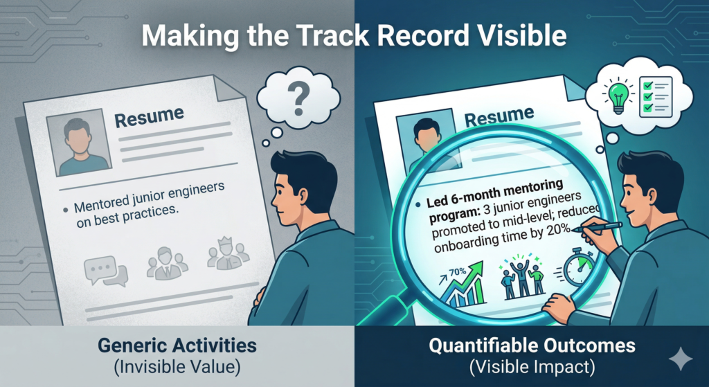 Side-by-side CV comparison showing a vague mentoring bullet on the left labelled Generic Activities with invisible value, versus a specific outcome-framed entry on the right showing a six-month mentoring programme with three engineers promoted, labelled Quantifiable Outcomes with visible impact.