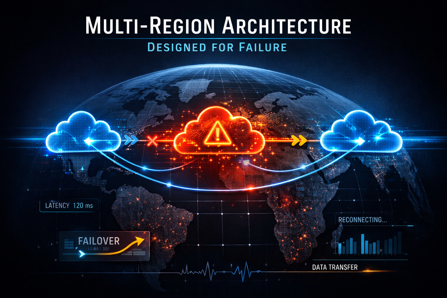 Multi-region cloud failover diagram showing two blue cloud regions connected across a world map, with a red failed cloud in the centre triggering traffic rerouting between regions. Includes labels for latency, failover, reconnecting, and data transfer.