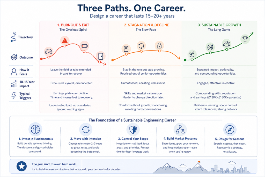 Diagram showing three engineering career paths: burnout and exit, stagnation and decline, and sustainable high-performance growth over time