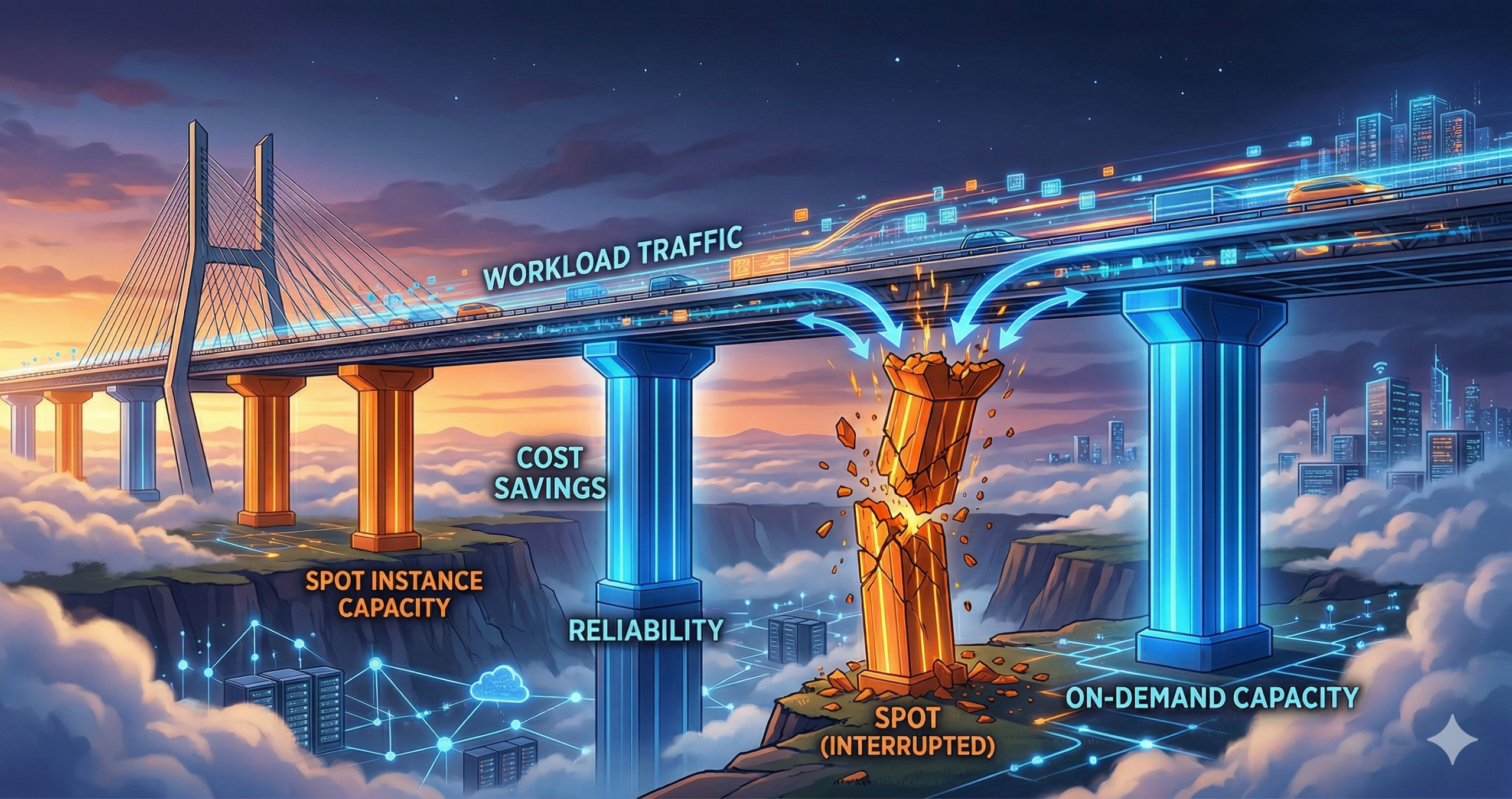 A stylized technical infographic visualizing 'The Graceful Fallback,' with a modern architectural bridge spanning a cloud-filled chasm. Alternating blue pillars represent reliable 'ON-DEMAND CAPACITY' and solid supporting structures. Alternating orange pillars represent 'SPOT INSTANCE CAPACITY' and large cost savings, with one Spot pillar visibly broken, labeled 'SPOT (INTERRUPTED)'. The 'WORKLOAD TRAFFIC' smoothly redirects and redistributes its load to the surrounding, steadfast On-Demand pillars, demonstrating dynamic resilience and successful fault tolerance. The sunset sky background features digital city elements and glowing data networks.