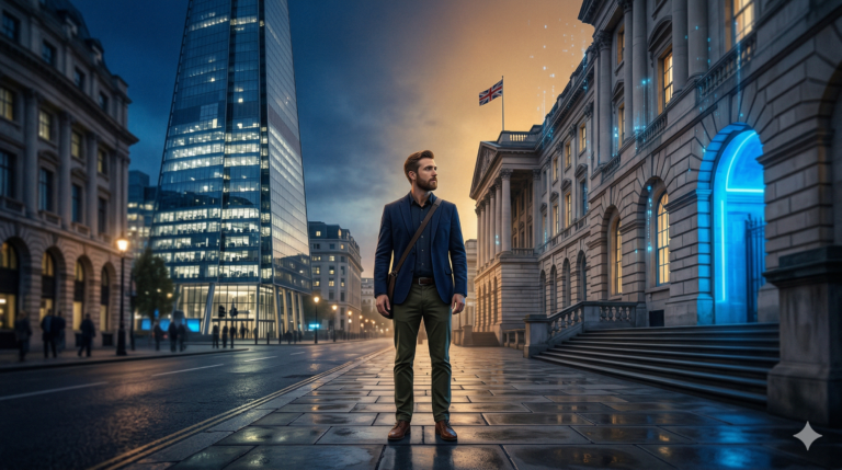 A cloud engineer at dusk standing between a modern glass office tower and a classical UK government building illuminated in blue