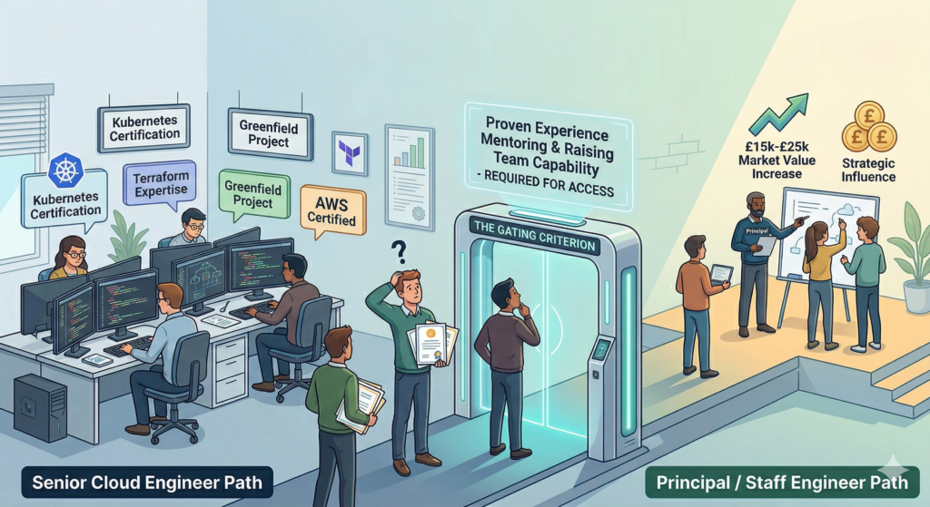 Diagram showing the Senior Cloud Engineer path on the left with certifications and greenfield projects, a gating criterion barrier in the centre labelled Proven Experience Mentoring and Raising Team Capability, and the Principal and Staff Engineer path on the right showing a £15K to £25K market value increase and strategic influence.