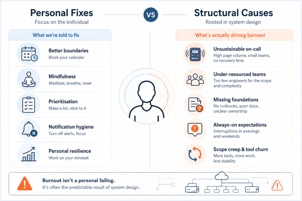 Comparison diagram showing personal burnout solutions like mindfulness and time management versus structural causes such as on-call load, team size, and missing documentation