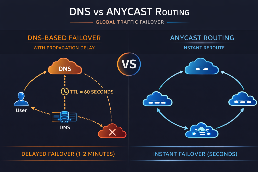 Side-by-side comparison of DNS-based failover and anycast routing for global traffic failover. Left side shows DNS failover with a 60-second TTL and delayed rerouting, while right side shows anycast routing with instant reroute between regions.