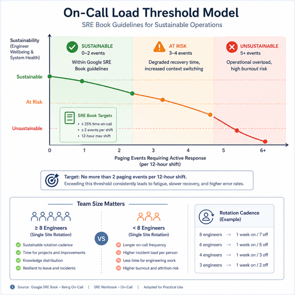 Graph showing sustainable versus unsustainable on-call load with thresholds for paging events per shift and impact on engineer wellbeing based on SRE principles