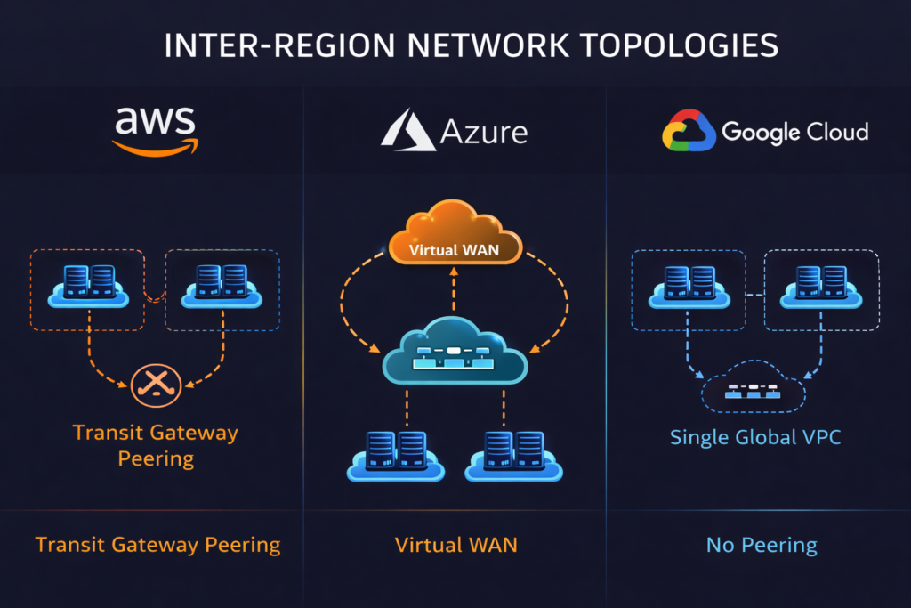 Comparison of inter-region network topologies across AWS, Azure, and Google Cloud. AWS uses Transit Gateway Peering, Azure uses Virtual WAN, and Google Cloud uses a Single Global VPC without peering.