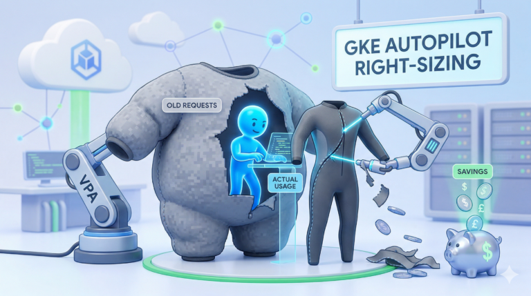 A VPA robotic arm removes excess material from an oversized grey suit representing over-provisioned GKE Autopilot resource requests, revealing a well-fitted suit sized to actual pod usage. Coins labelled with pound and dollar signs fall into a piggy bank labelled Savings. Labels identify the old requests, actual usage, and the GKE Autopilot right-sizing concept.