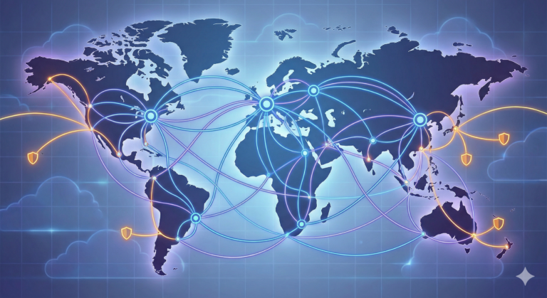 Global network connectivity diagram showing interconnected data centre nodes across a world map, representing Google Cloud's global VPC infrastructure spanning multiple continents with private backbone routing.