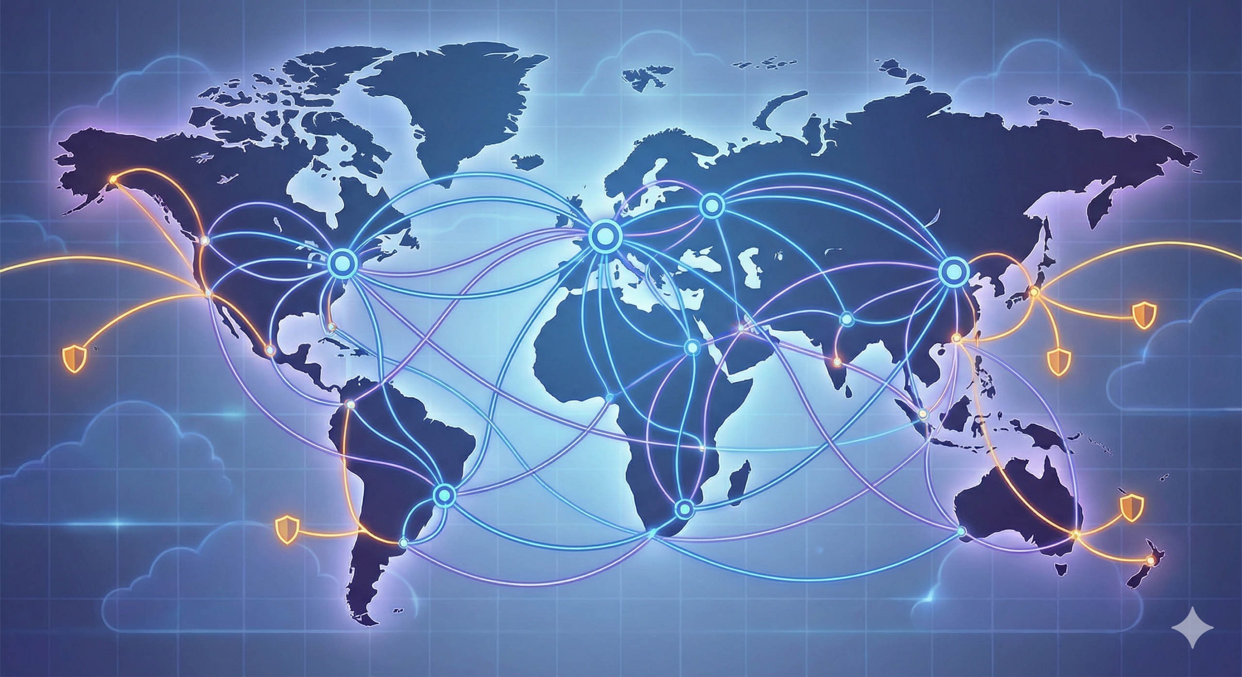 Global network connectivity diagram showing interconnected data centre nodes across a world map, representing Google Cloud's global VPC infrastructure spanning multiple continents with private backbone routing.