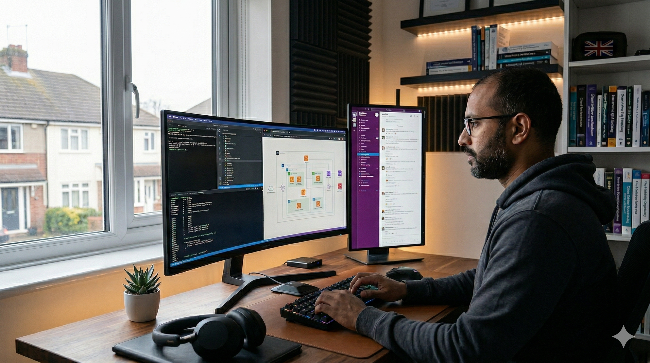 A focused male senior cloud engineer, wearing glasses and a hoodie, sits in deep concentration at his expansive home office desk in the UK, exactly as depicted in image_4.png. He is intensely typing on a specialized mechanical keyboard, looking at a curved main monitor that legibly displays complex multi-region AWS cloud architecture diagrams and intricate code. A secondary vertical screen shows professional chat channels. The backdrop, seen through a wide window, is a rainy but typical UK residential street, emphasizing the realistic remote work setting. The setup is highly specialized and geared toward serious engineering, not casual content creation