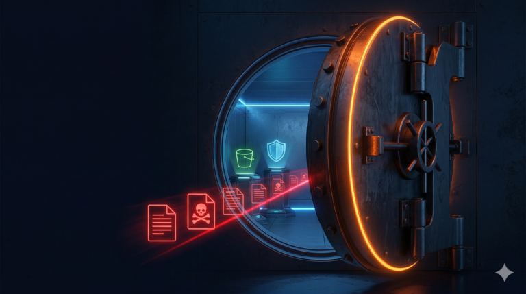 Bank vault door open with red glowing malware file icons escaping, green S3 bucket and blue shield visible inside, representing unprotected S3 object access