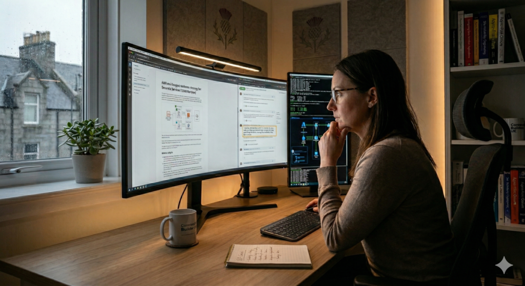 A detailed photograph of a female senior UK cloud engineer in profile, wearing glasses and a dark hoodie, hand to her chin in deep concentration while working in her customized home office in  Scotland, in 2026. The scene, referencing image_4.png, captures her seated at a wooden desk, focused on a massive ultra-wide curved monitor. Legible verbatim text on the screen displays 'AWS Multi-region resilience strategy for Financial Services (2026 Revision)' with detailed diagrams and headers, adjacent to terminal code in a secondary vertical screen. The setting features acoustic thistle panels, a bookshelf with legible titles like 'Site Reliability Engineering' and 'Cloud Native DevOps with Kubernetes,' a 'Control Builder UK' mug, and a view of a rainy grey Uk street through the window.